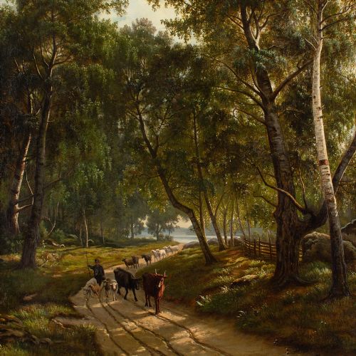 fig 1. 19th-Century Danish School, Forest Landscape With Cattle Drover - Antique Oil Painting