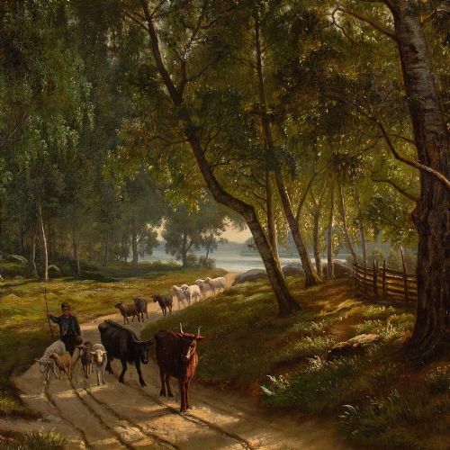 fig 2. 19th-Century Danish School, Forest Landscape With Cattle Drover - Antique Oil Painting