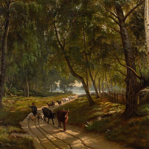 fig 3. 19th-Century Danish School, Forest Landscape With Cattle Drover - Antique Oil Painting