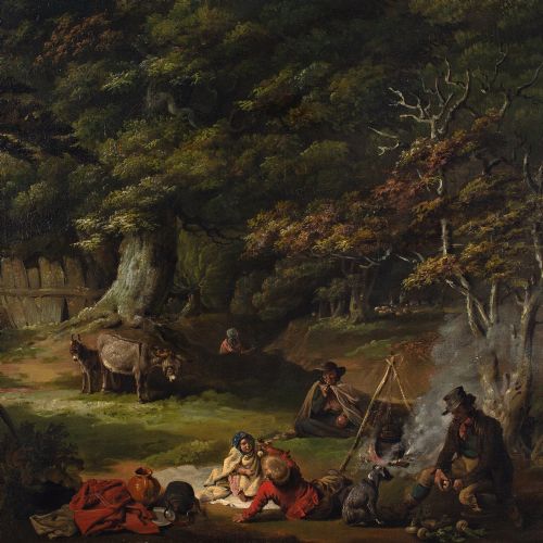 fig 1. Edmund Bristow, Travellers In A Wood - Antique Oil Painting