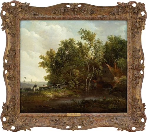 Edward Williams, Landscape with Watermill & Boy Fishing - Antique Oil Painting