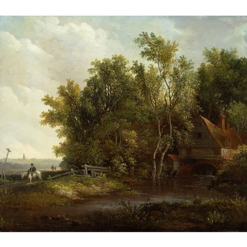 fig 2. Edward Williams, Landscape With Watermill & Boy Fishing - Antique Oil Painting