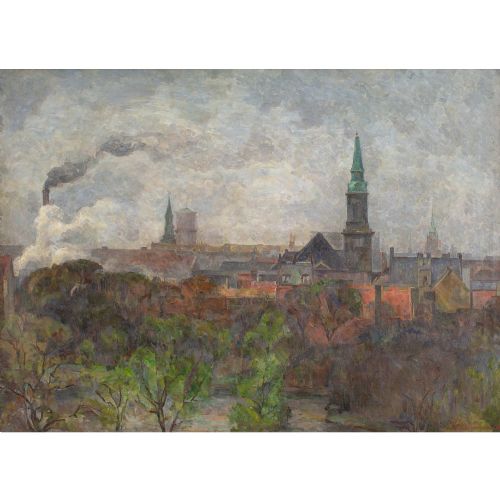 fig 1. Carla Colsmann Mohr, Copenhagen Seen From Amager - Antique Oil Painting
