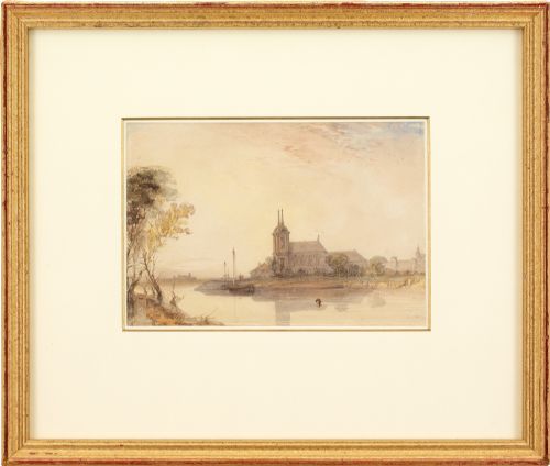 Alfred Gomersal Vickers, River Landscape with Church - Watercolour