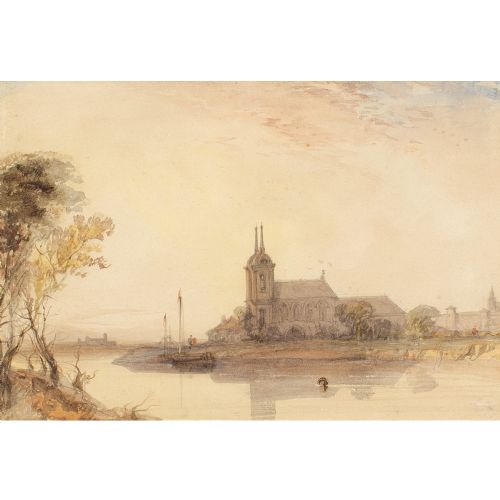 fig 1. Alfred Gomersal Vickers, River Landscape With Church - Watercolour