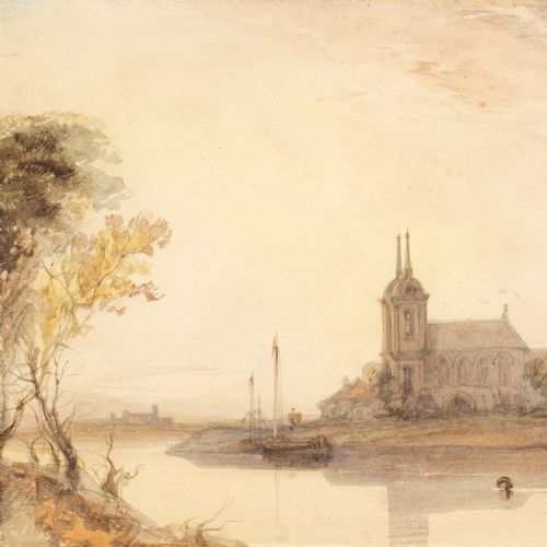 fig 2. Alfred Gomersal Vickers, River Landscape With Church - Watercolour