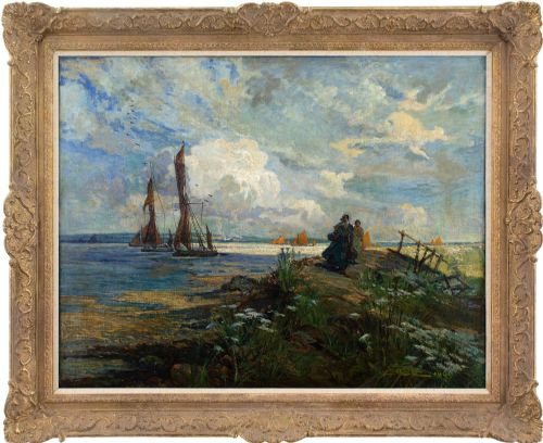 Elijah Albert Cox, Fishermen's Wives on a Dike, Return of the Fleet - Antique Oil Painting