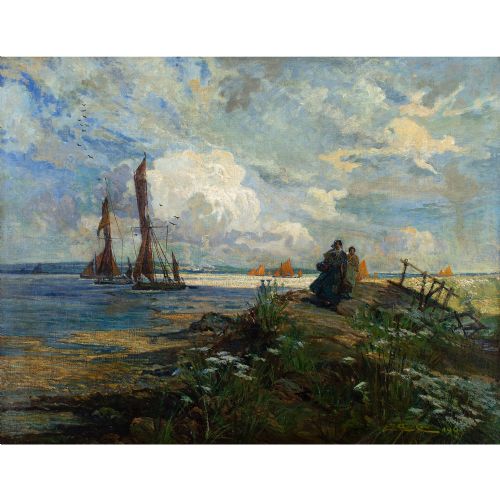 fig 1. Elijah Albert Cox, Fishermen's Wives On A Dike, Return Of The Fleet - Antique Oil Painting 