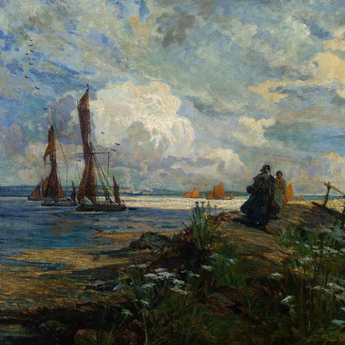fig 2. Elijah Albert Cox, Fishermen's Wives On A Dike, Return Of The Fleet - Antique Oil Painting 