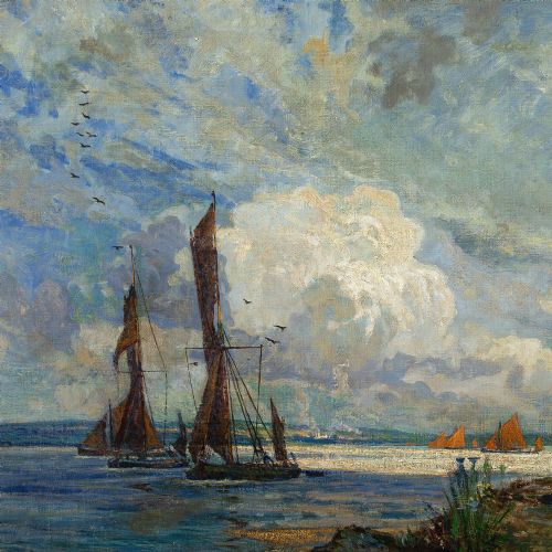 fig 3. Elijah Albert Cox, Fishermen's Wives On A Dike, Return Of The Fleet - Antique Oil Painting 