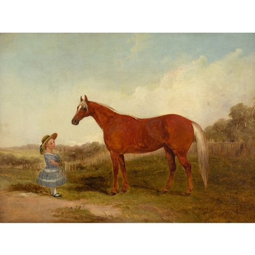 fig 1. 19th-Century English School, Portrait Of A Chestnut Horse & Girl - Antique Oil Painting