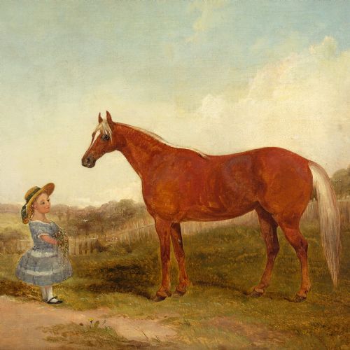 fig 2. 19th-Century English School, Portrait Of A Chestnut Horse & Girl - Antique Oil Painting