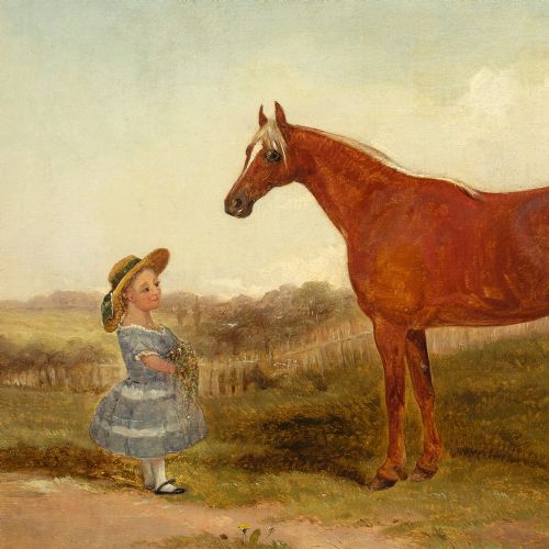fig 3. 19th-Century English School, Portrait Of A Chestnut Horse & Girl - Antique Oil Painting