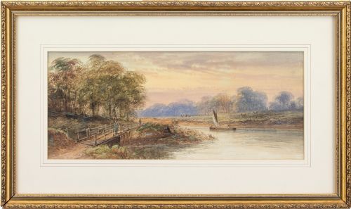 19th-century English School, River Landscape with Sail Barge - Antique Watercolour
