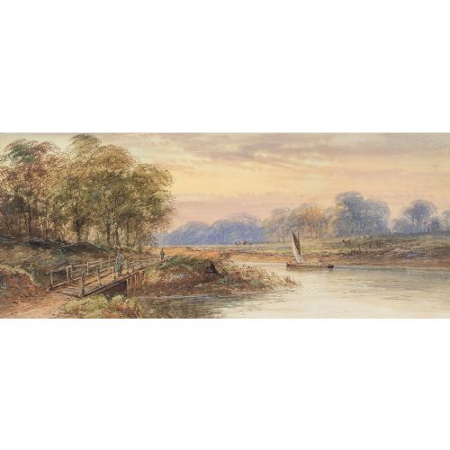 fig 1. 19th-Century English School, River Landscape With Sail Barge - Antique Watercolour