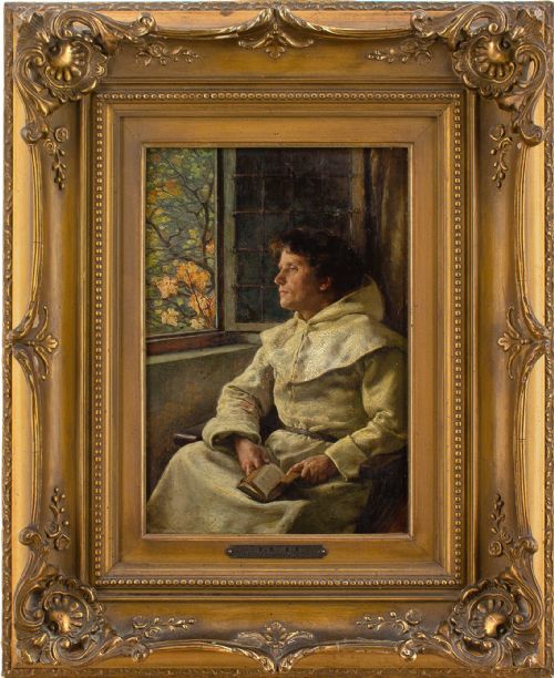 Claus Meyer, a Monk Contemplating by an Open Window - Antique Oil Painting