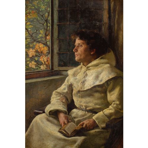 fig 1. Claus Meyer, A Monk Contemplating By An Open Window - Antique Oil Painting