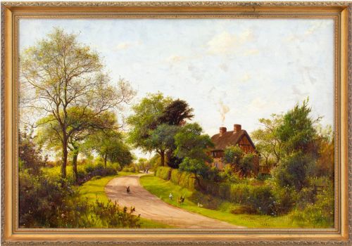 James Hey Davies Rca, Rural Lane with Cottage & Chickens - Antique Oil Painting