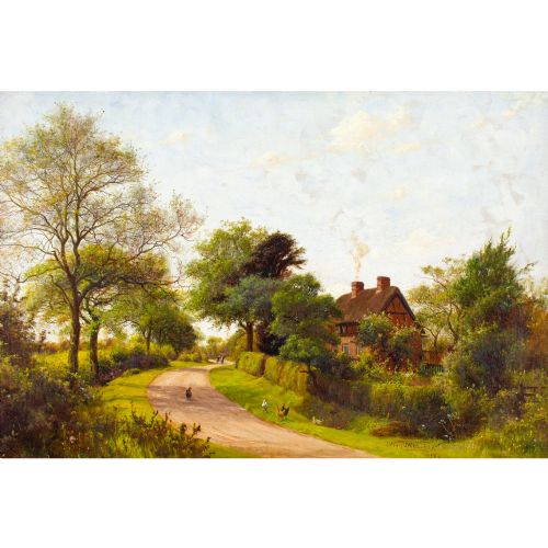 fig 1. James Hey Davies RCA, Rural Lane With Cottage & Chickens - Antique Oil Painting 
