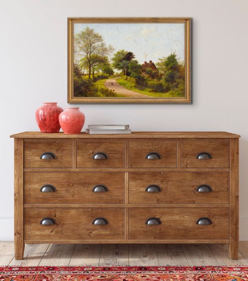 fig 3. James Hey Davies RCA, Rural Lane With Cottage & Chickens - Antique Oil Painting 