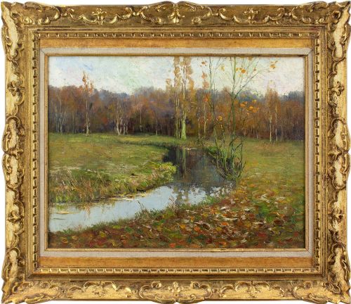Early 20th-century German School, Autumnal Landscape with Stream - Antique Oil Painting