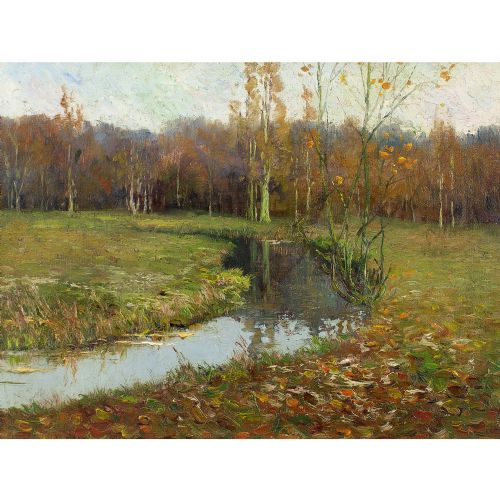 fig 1. Early 20th-Century German School, Autumnal Landscape With Stream - Antique Oil Painting