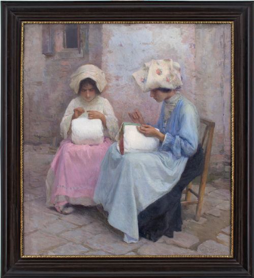 Karl Feiertag, Lacemakers at Burano, Venice - Large Antique Oil Painting