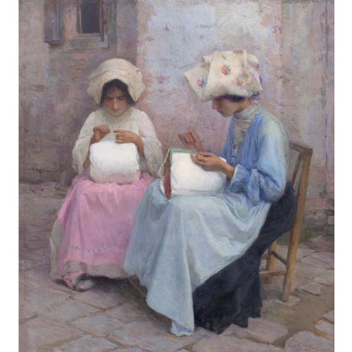 fig 2. Karl Feiertag, Lacemakers At Burano, Venice - Large Antique Oil Painting 