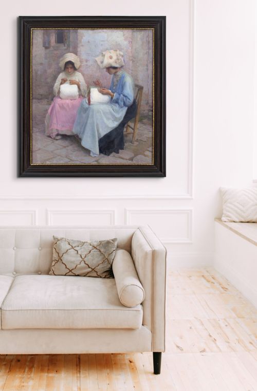 fig 3. Karl Feiertag, Lacemakers At Burano, Venice - Large Antique Oil Painting 
