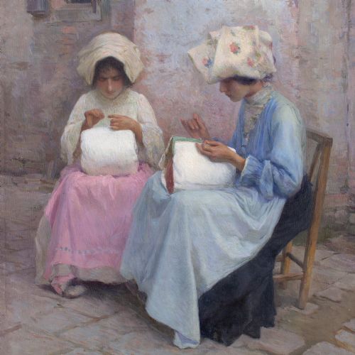 fig 4. Karl Feiertag, Lacemakers At Burano, Venice - Large Antique Oil Painting 