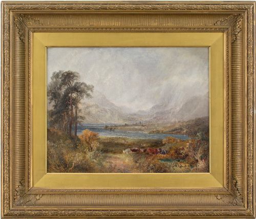 William Henry Pigott, Highland Cattle Beside a Loch - Antique Oil Painting