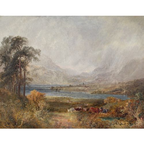 fig 1. William Henry Pigott, Highland Cattle Beside A Loch - Antique Oil Painting