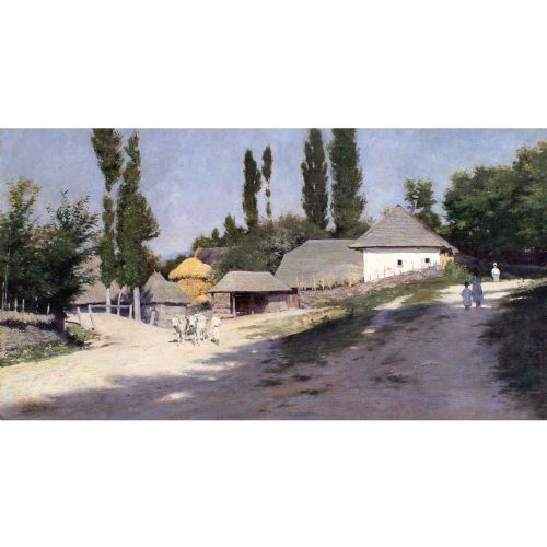 fig 1. Late 19th-Century Eastern European School, Landscape With Farm Buildings - Antique Oil Painting