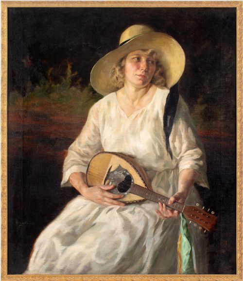 Peter Von Hamme-voitus, Portrait of a Woman with a Mandolin - Oil Painting