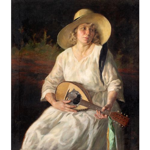 fig 1. Peter Von Hamme-Voitus, Portrait Of A Woman With A Mandolin - Oil Painting