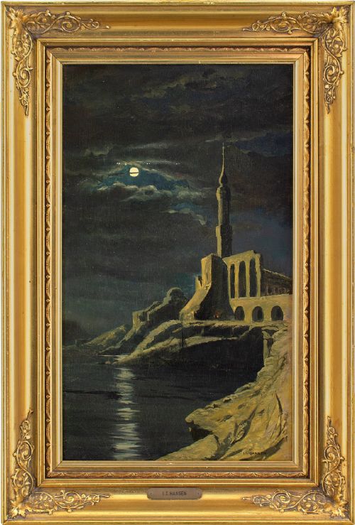 Josef Theodor Hansen, Nocturnal Study of a Mosque by a Coastline - Antique Oil Painting