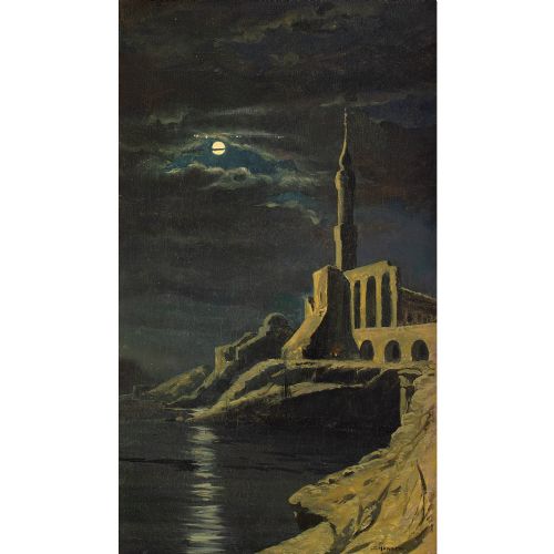 fig 1. Josef Theodor Hansen, Nocturnal Study Of A Mosque By A Coastline - Antique Oil Painting