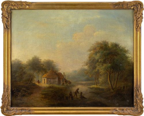 Early 19th-century Swedish School, River Landscape with Cottages & Fishermen - Antique Oil Painting