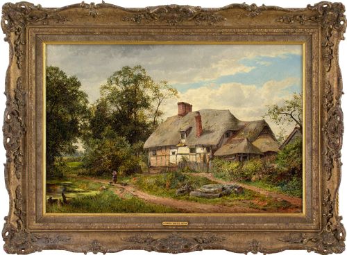 David Bates, Rural Landscape with Thatched Cottage, Country Track & Pond - Antique Oil Painting