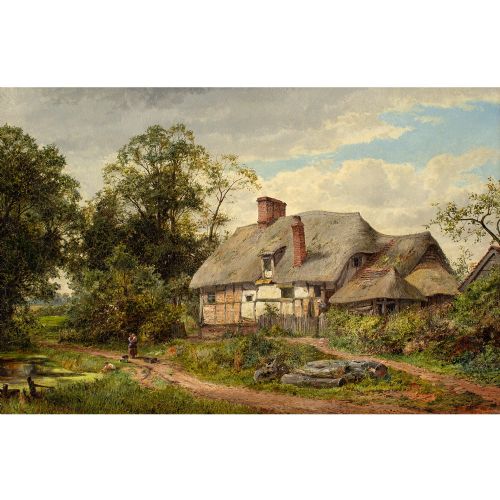 fig 1. David Bates, Rural Landscape With Thatched Cottage, Country Track & Pond - Antique Oil Painting 