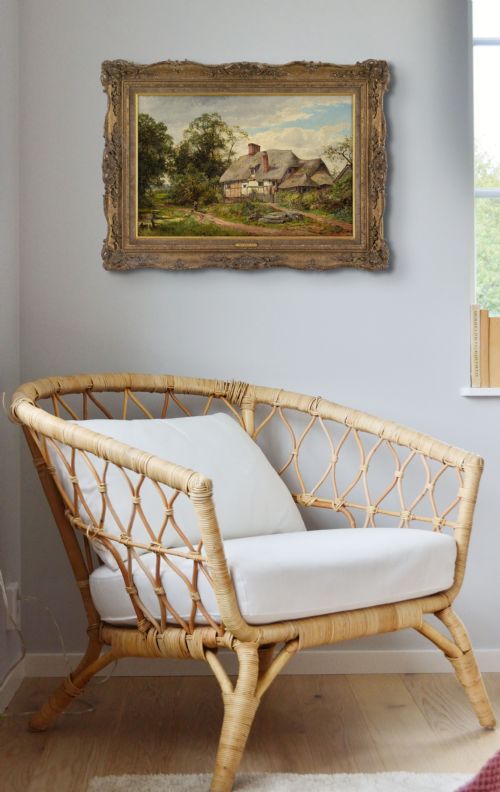 fig 3. David Bates, Rural Landscape With Thatched Cottage, Country Track & Pond - Antique Oil Painting 