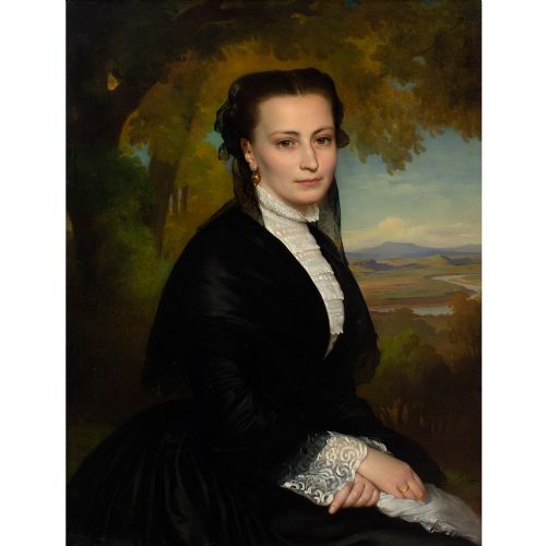 fig 1. Heinrich Hollpein, Portrait Of A Lady In Black - Antique Oil Painting