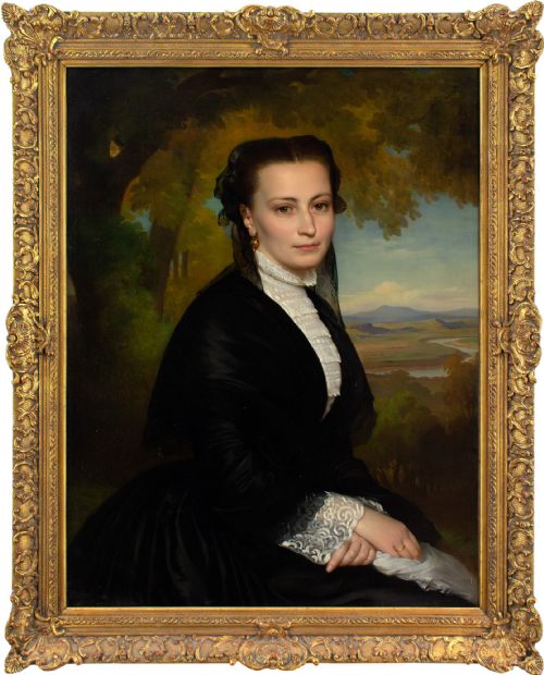 Heinrich Hollpein, Portrait of a Lady in Black - Antique Oil Painting