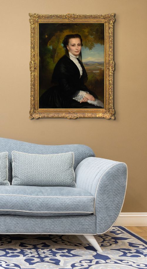 fig 2. Heinrich Hollpein, Portrait Of A Lady In Black - Antique Oil Painting