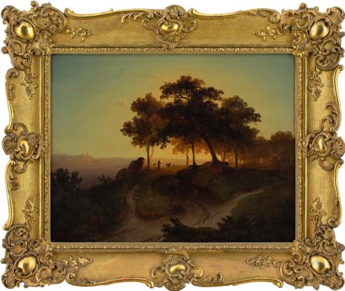 Theodor Kotsch, Evening Landscape with Shepherd - Antique Oil Painting
