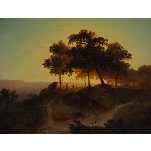 fig 1. Theodor Kotsch, Evening Landscape With Shepherd - Antique Oil Painting