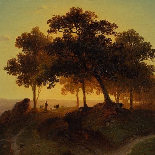 fig 4. Theodor Kotsch, Evening Landscape With Shepherd - Antique Oil Painting