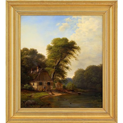 19th-century Danish School, River Landscape with Cottage - Antique Oil Painting