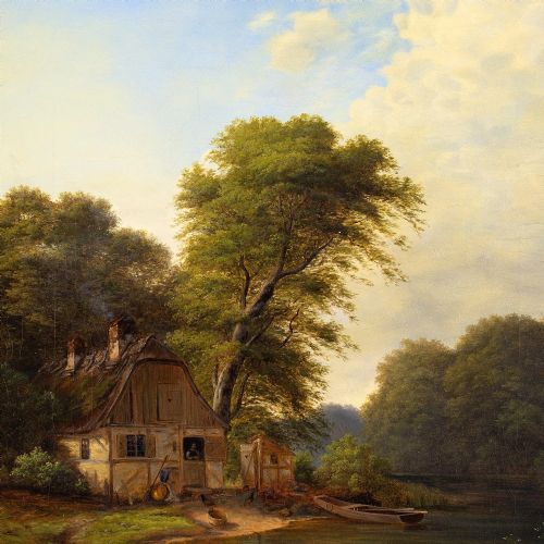 fig 2. 19th-Century Danish School, River Landscape With Cottage - Antique Oil Painting