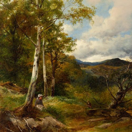 fig 1. David Bates, Forest View With Distant Peaks, North Wales - Antique Oil Painting